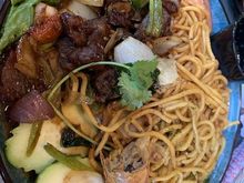 Shaken beef with garlic noodles