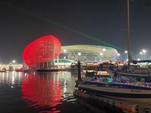 View of the hotel at night from the Marina.