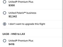 I’m sitting in E+ fare code G for this trip.  Both PP upgrades seem like a good deal but I was thinking of doing PP to HND and then Polaris back since it is a night flight.  The only caveat being this flight is on Thanksgiving day so maybe it will be half empty?  Is it possible Polaris upgrade will drop below 2k or is this a good deal.  