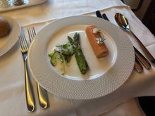 Starter / Loch Fyne hot and cold smoked salmon roll pickled cucumber and radish, British asparagus