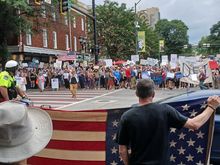 Lots of flags around for this Flag Day. Mostly U.S., though I saw a couple of Mexican ones, brought by immigrant families and carried by the little kids (Don't let it touch the ground!) 