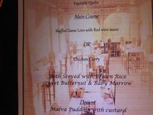 Dinner menu at Nunda