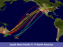 Oneworld Flights between Sth West Pacific and Nth America