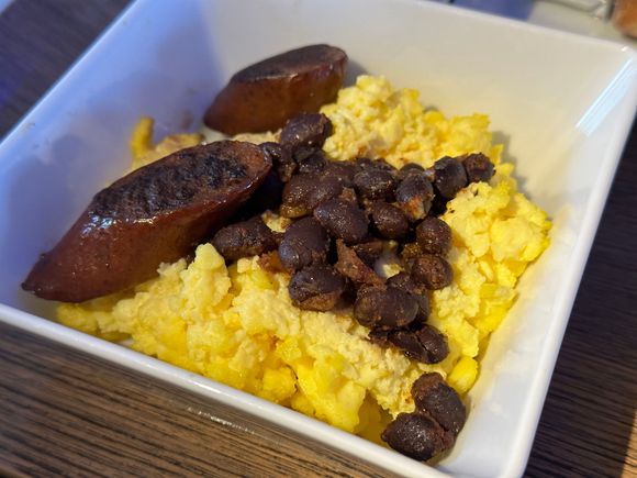 Ranchero eggs with chorizo and black beans 
JFK-SEA 06 Feb