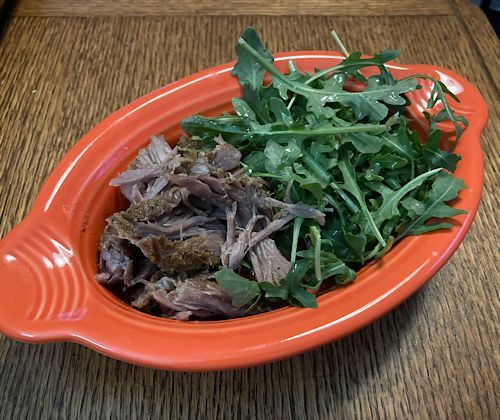 Crock Pot pork roast rubbed with a smoked salt seasoning blend and arugula for dinner tonight. 