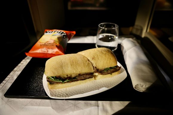 ZRH-AUH served right before landing: Roast beef sandwich with potato and turnip, was also good! Too much bread so I took the top side off. 