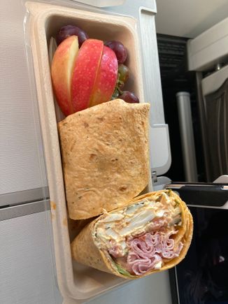 Egg salad breakfast wrap. Looking forward to warmed meals one day soon. 