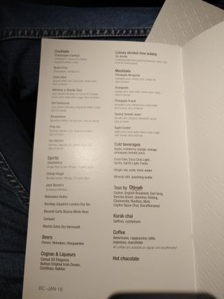 Menus onboard QR Business class DOH-SYD