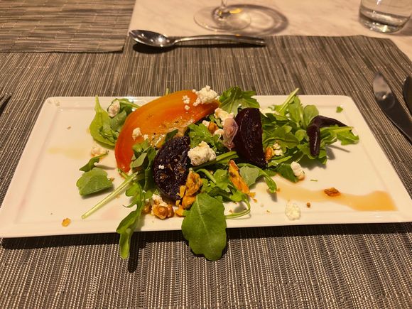 Beet salad arrived quickly… waiting on Risotto and the Schnitzel 
