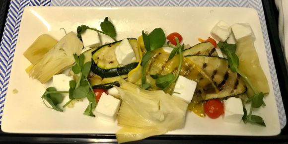 Grilled courgette ribbons, artichoke hearts, roquito peppers, feta and quinoa