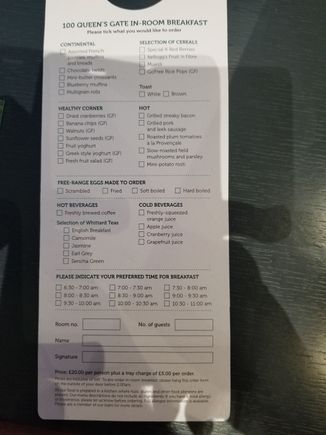 Pre-order breakfast menu for room service