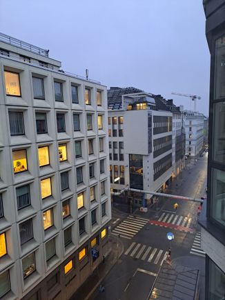 Right view from window down Lichensteinstrasse. U bhan entrance at bottom of photo ( just round the corner from hotel entrance)