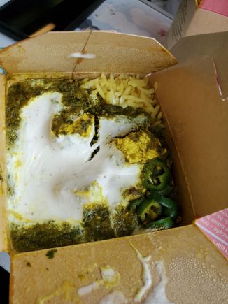 My to go lunch from this Indian fusion food place - Chutney's - was not bad at all. Here we have some fried rice with palak paneer (spinach and Indian milk based "tofu") topped with some yogurt and chillies (for extra spice, as desired)