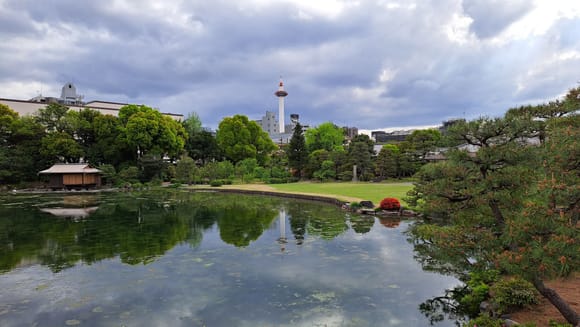 Shoshei-en garden with Kyoto tower in the background