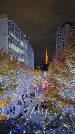 View of Keyakizaka Street Roppongi Hills  from the overhead walkway with tokyo  tower in the distance. Traffic guards controlling the pedestrian crossing flow across the road
