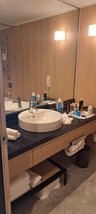Vanity area in bathroom. Older style bathroom ( ie bath/shower combo with curtain) and wc beside the sink. Bathroom did steam up after a shower but mirror remained clear  for about half the area. Colour of lighting could be changed