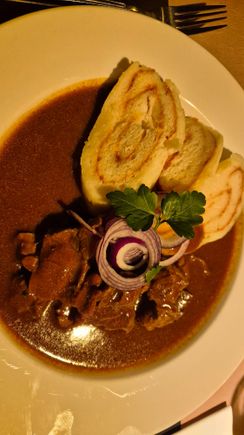 Beef goulash and dumplings. 