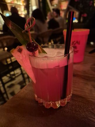 Seabird..pineapple vodka, 109 rum, pineapple compari, strawberry,  lime 