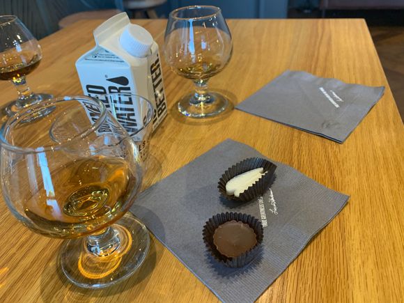 finished bourbon and finished rye tasting, with paired locally crafted chocolates