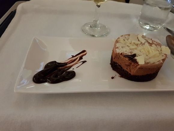 DFW - LHR. CW. Triple mousse cake