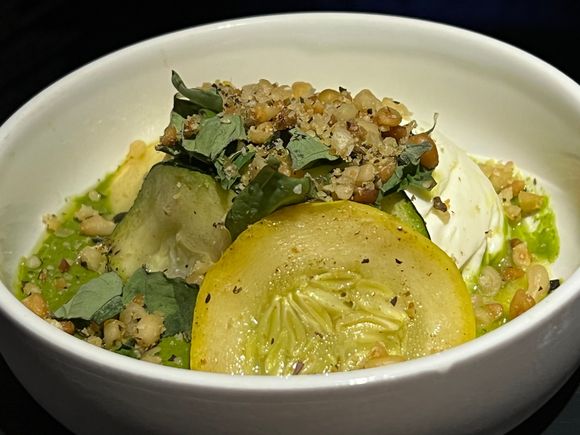 Burrata - zucchini, pine nuts, it wasn’t creamy so it should be relabeled as mozzarella.  Pesto was a great compliment to the mozzarella.