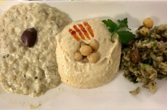 Hummus, herby freekeh and babaganoush 