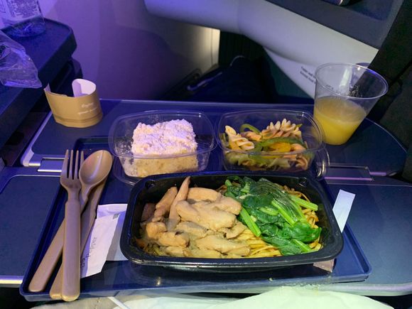 One hot meal (no choices) and one soft drink after takeoff. Same meal for everyone in J and Y. After that, the crew never came around again until the safety checks for landing; also said they were not collecting any trash and to just leave everything at our seat. 