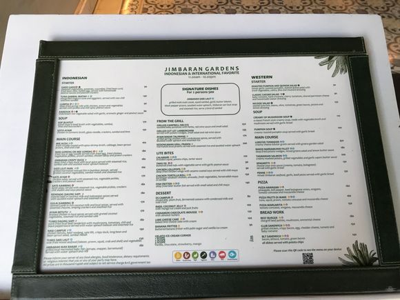 The menu at Jimbaran Gardens