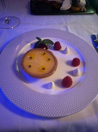 Passion fruit and lemon tart. Very good. Nice and target and a good way to finish off. 