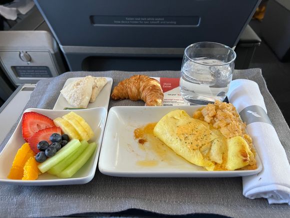 FA friendly.  Pre order confirmed.  Beverage order taken.  Asked if we wanted croissants or biscuits. Cheese, sausage, peppers omelette, fruit, fruit scones. Everything served at once.   FA asked if we wanted anything else when collecting trays.  Made one other pass during flight.  Typical AA breakfast. Fruit scones were very good.  Other choice was the yogurt, fruit granola tray. 