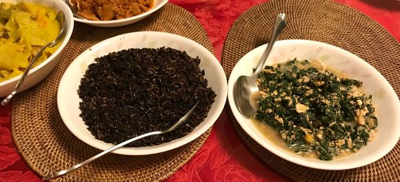 See part of the sayur lodeh , satay babi and buah keluak fried organic red & .. rice . New vegetable dish - box thorn with egg .