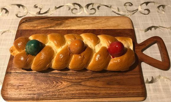 Challah bread with 3 hard boiled eggs from Four Seasons 
