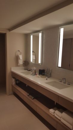 Toilet is in room at the end of the counter