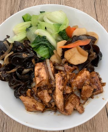Spicy black bean sauce tofu, wood ear mushroom, and bok choy for lunch. 