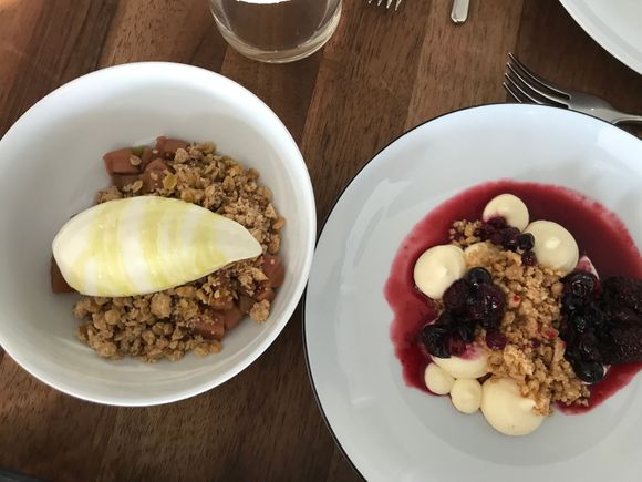 The desserts were rhubarb with fig icream and cheesecake