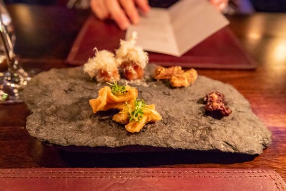 Snacks, course #2. Veggies include rutabaga, celeriac, and radish & carrot. Continued the generous champagne pour from the first snacks course.
