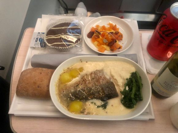 Dinner, carrot hummus, rainbow trout, chocolate cake
