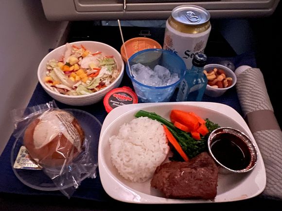 Solid economy class meal.  Unfortunately, I was sitting in Polaris.  Bread was semi-frozen and inedible.  Beef was fine but tiny.  4/10.