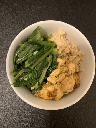 More heathy Chinese cooking. Mapo tofu, brown rice, and garlic stir fried greens that my MIL didn’t have an English translation for. All delicious. 