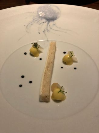 Dungess crab terrine with black sesame and ginger...incredibly fine texture on the crab here