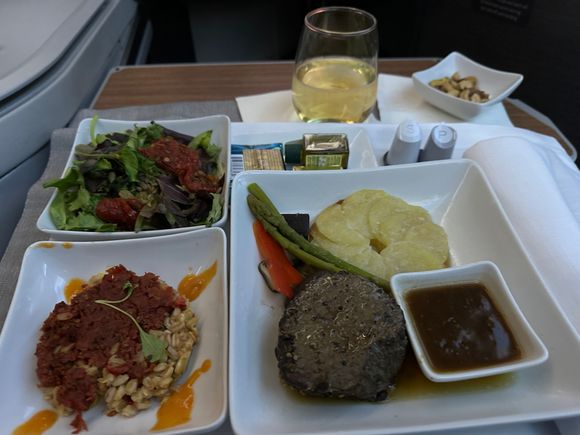 The tomato tart needs to be retired. Potatoes were fun. Came by with bread twice (pretzel for me x2). 