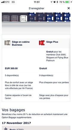 Upgrade price from CDG to BCN (Y to J) on 11/17/2017