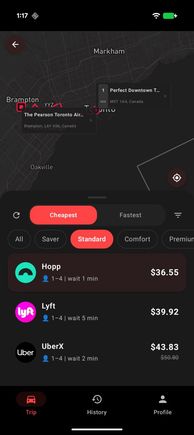 Compare - Hopp, Lyft, and UberX side-by-side for the same airport run.