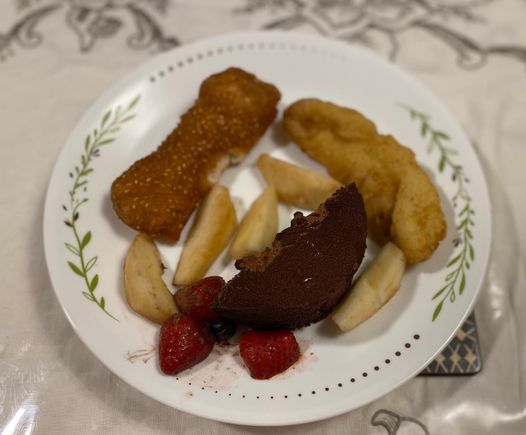 Goreng pisang , royal hazeltine cake , French organic pear , half of a “ butterfly “