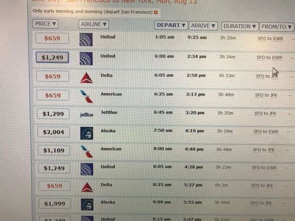 same search, but limited to the morning departures that are more popular with business travelers 
