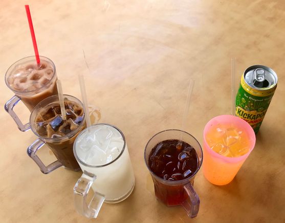 Milk tea  , kopi peng “ siu dai “ ( local coffee with less condensed milk ) , barley , tea , Kickapoo - all iced 