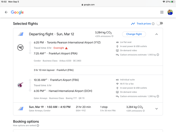 When I try to book this through Condor the FRA-DOH leg is in economy. It seems to be bookable through travelcation.ca, but I’ve never heard of that site and don’t want to risk booking there. 