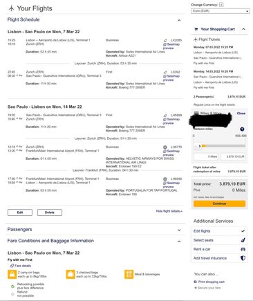 LIS-ZRH-GRU-ZRH-FRA-LIS in J+F for just 1450€/pax.