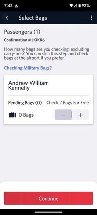 Check in on Fly Delta app incorrectly indicates I can check 2 bags for free, and in any case the checked bag count cannot be incremented past 2.