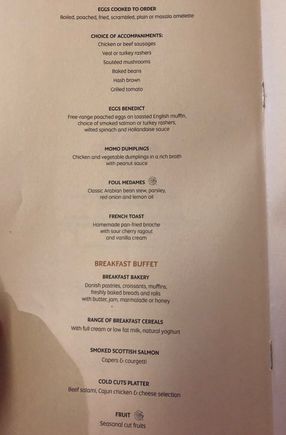 Etihad First Class Lounge Breakfast Menu
